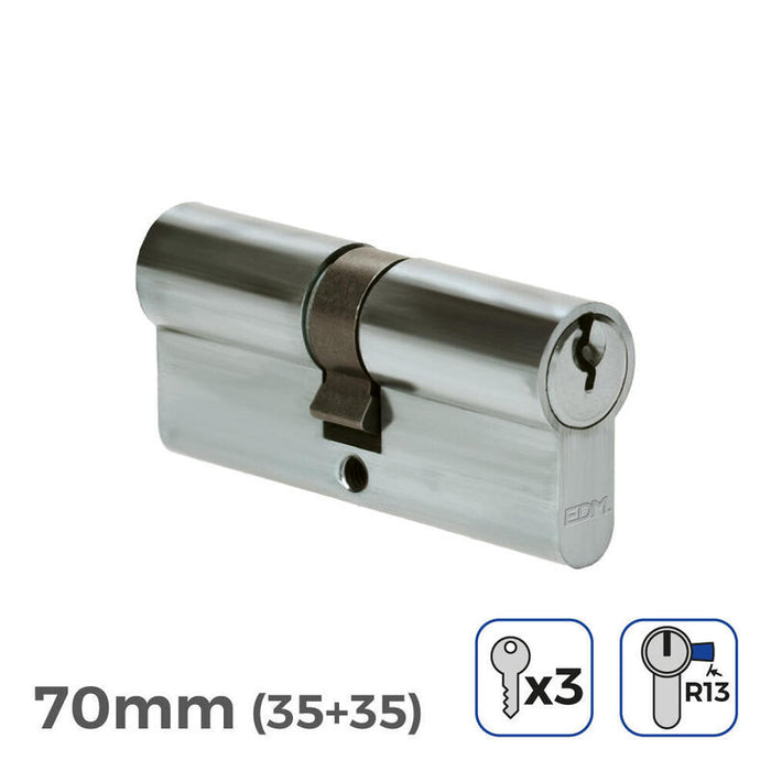 Pack De 2 Unidades - Cilindro 70mm (35+35mm) Niquelado, Leva Corta R13 Con 3 Llaves De Serreta Incluidas