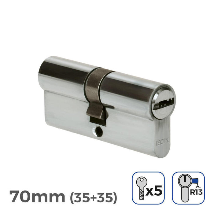 Pack De 2 Unidades - Cilindro 70mm (35+35mm) Niquelado, Leva Corta R13 Con 5 Llaves Seguridad Incluidas