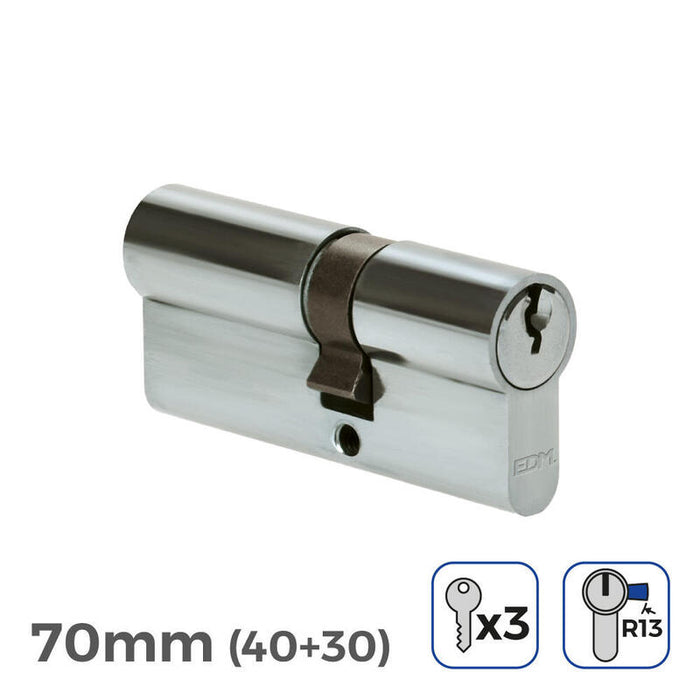 Pack De 2 Unidades - Cilindro 70mm (40+30mm) Niquelado, Leva Corta R13 Con 3 Llaves De Serreta Incluidas