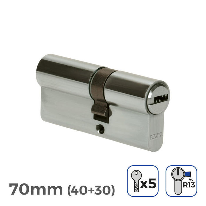 Pack De 2 Unidades - Cilindro 70mm (40+30mm) Niquelado, Leva Corta R13 Con 5 Llaves Seguridad Incluidas