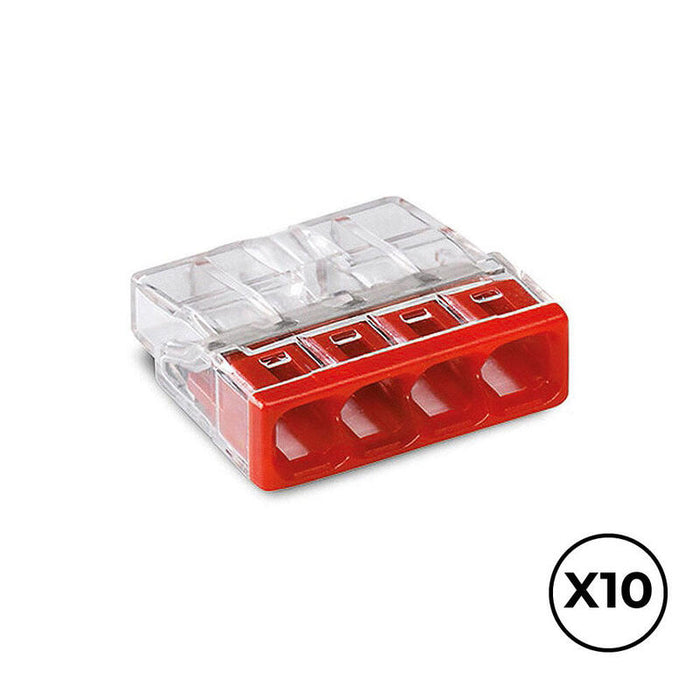 Pack De 2 Unidades - Conector Rápido 4 Vias, Ø Maximo 2,5 Mm², Transparente / Roja, 10 Uds