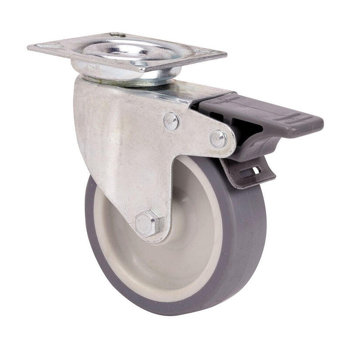 Pack De 2 Unidades - Rueda Giratoria De Goma Con Placa, Eje Liso Y Freno, Color Gris, Carga Máx. 40 Kg, Ø 5 Cm