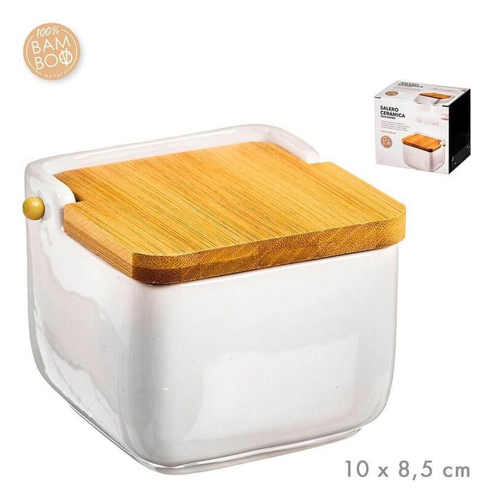 Pack De 2 Unidades - Salero De Cerámica Con Tapa De Bambú 10 X 10 X 8,5 Cm