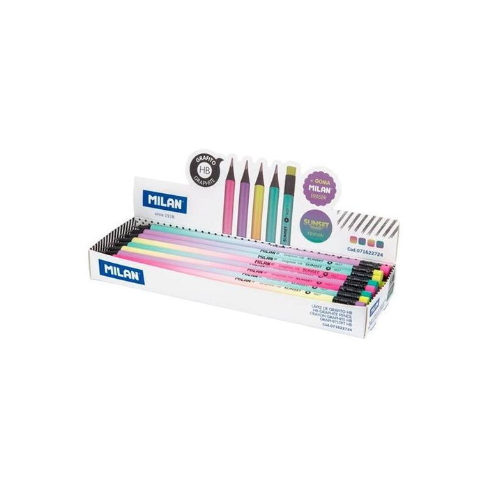 Pack De 24 Unidades Milan Lápices Grafito Hb Con Goma Sunset Colores Surtidos