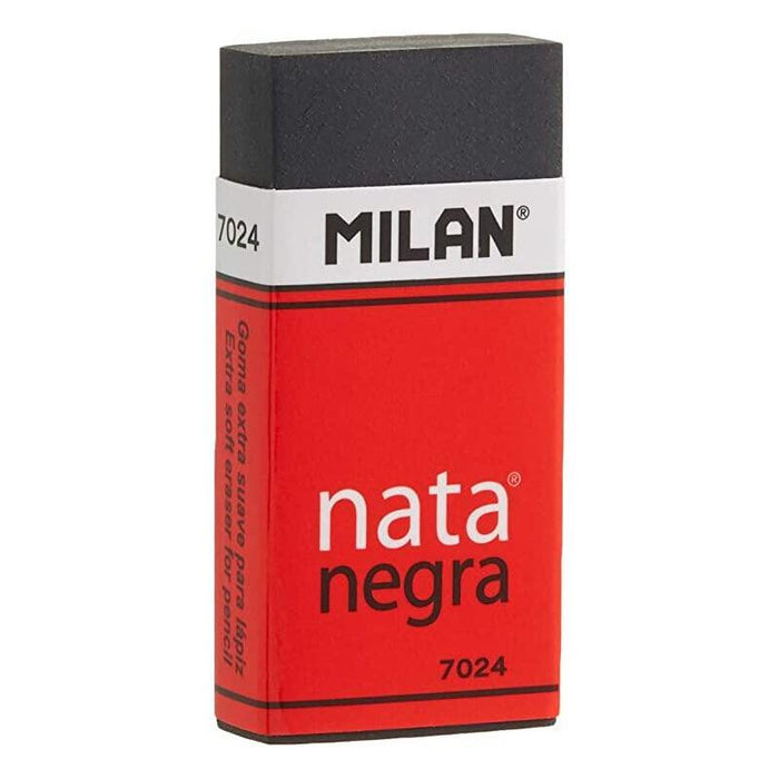 Pack De 24 Unidades Milan Nata 7024 Goma De Borrar Rectangular - Plastico - Faja De Carton Roja - Envuelta Individualmente - Extra Suave - Color Negro