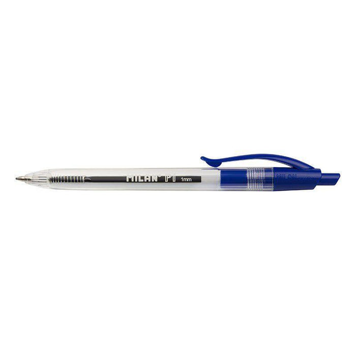 Pack De 25 Unidades Milan P1 Boligrafo De Bola Retractil - Punta Redonda 1mm - Cuerpo Transparente - Color Azul