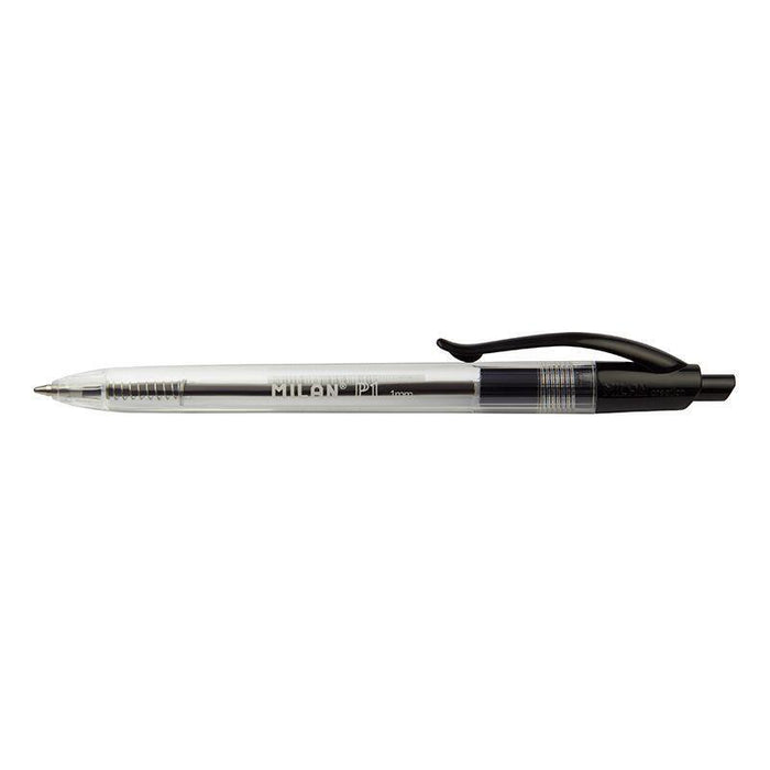 Pack De 25 Unidades Milan P1 Boligrafo De Bola Retractil - Punta Redonda 1mm - Cuerpo Transparente - Color Negro