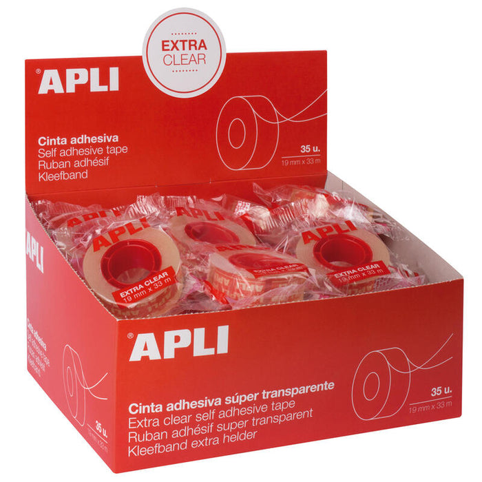 Pack De 35 Unidades Apli Cinta Adhesiva Extra Clear 19mm X 33m - Resistente Al Agua Y A La Intemperie - Facil De Cortar Con Las Manos - Transparente Transparente