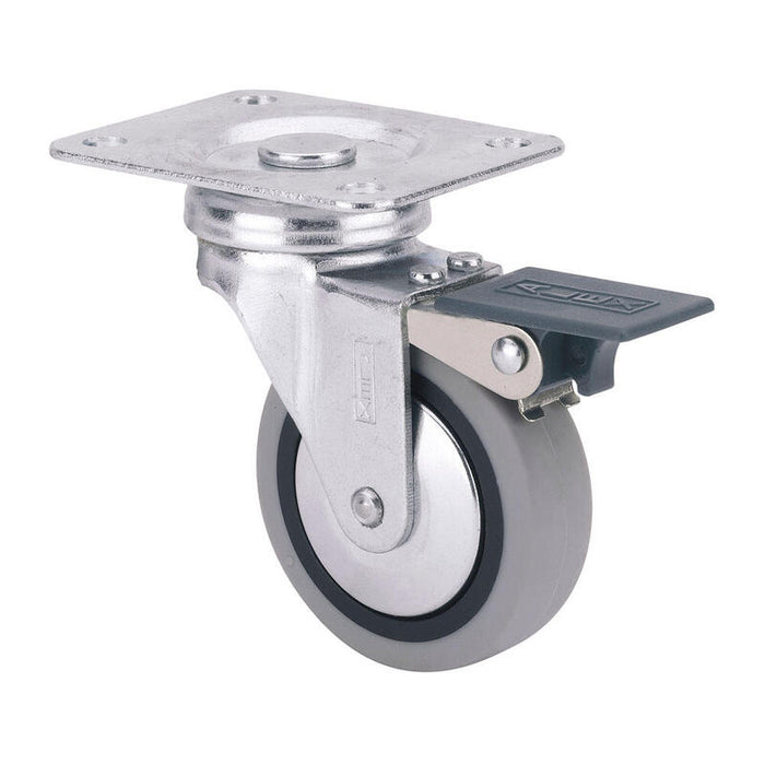 Pack De 4 Unidades - Rueda Giratoria De Goma Con Placa, Freno Y Eje Liso, Color Gris, Carga Máx. 17 Kg, Ø 4 Cm