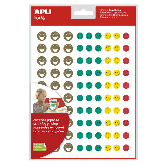Pack De 5 Unidades Apli Gomets Cara Feliz Mini - 4 Estilos De Cara Diferentes - 1080 Gomets Por Bolsa - Adhesivo Removible - Motiva Y Premia A Los Niños - Normas De Calidad Y Seguridad Cumplidas - Colorido