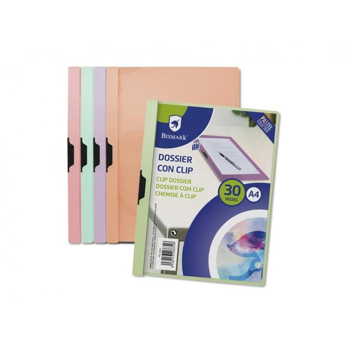 Pack De 5 Unidades Bismark Pastel Dossier Con Clip A4 - Polipropileno Transparente - Clip Metalico Lateral - Capacidad