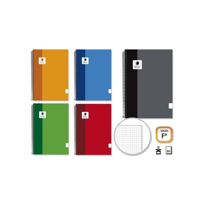Pack De 5 Unidades Golden Extra Cuaderno Espiral Folio 80 Hojas 90grs Cuadricula - Margen Remarcado - Tapa Forrada -