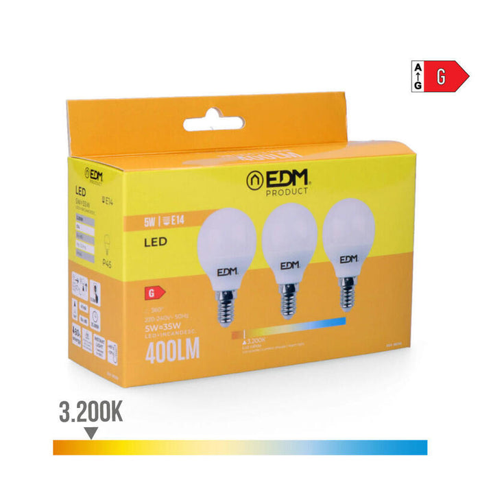 Pack De 5 Unidades - Kit 3 Bombillas Esfericas Led E14 5w 400lm 3200k Luz Calida Ø4,5x8cm Edm