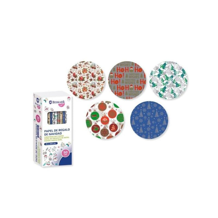 Pack De 50 Unidades Bismark Navidad Oro/Plata Rollo De Papel Regalo - Medidas 70cmx200cm - 5 Diseã±Os Diferentes
