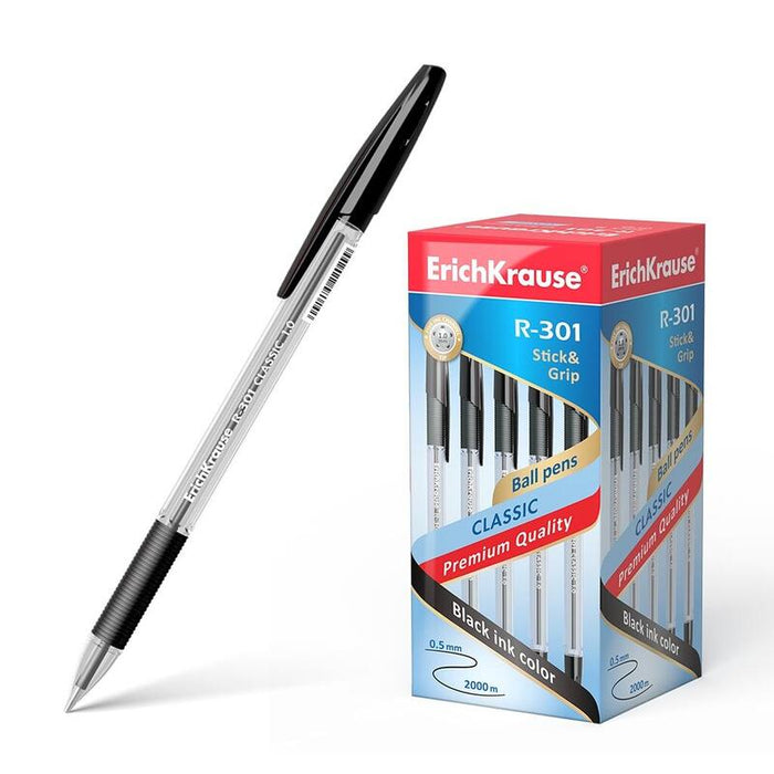 Pack De 50 Unidades Erichkrause Boligrafo R-301 Classic Stick&Grip 1.0 - Cuerpo Transparente Hexagonal - Zona De Agarre De Goma - Capuchon Ventilado - Tinta De Secado Rapido - Color Negro