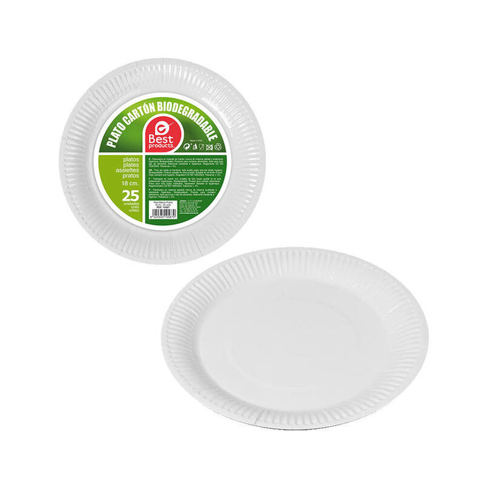 Pack De 6 Unidades - Pack Con 25 Unid. Platos Postre Blancos Cartón Ø18cm Best Products Green