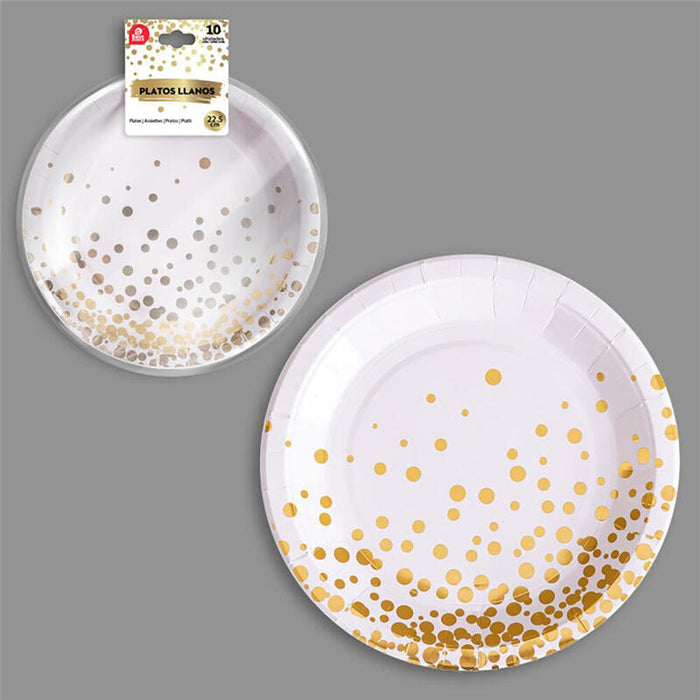Pack De 6 Unidades - Platos De Cartón Blanco / Dorado Ø22,5 Cm, 10 Uds