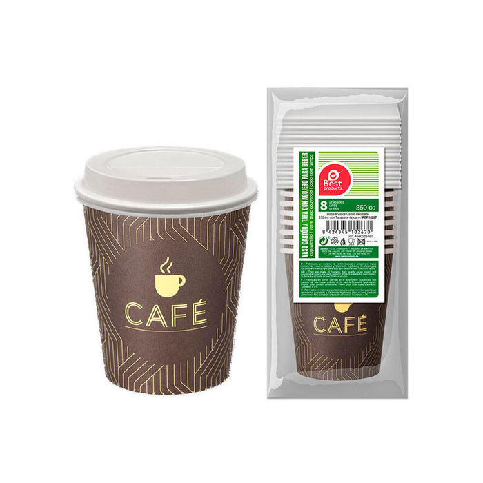 Pack De 6 Unidades - Vasos De Cartón De Cafe + Tapa Con Agujero 250cc, 8 Uds