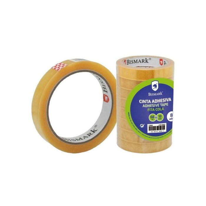 Pack De 8 Unidades Bismark Cinta Adhesiva Transparente 19mm X 66m - Fabricada En Polipropileno - Transparente