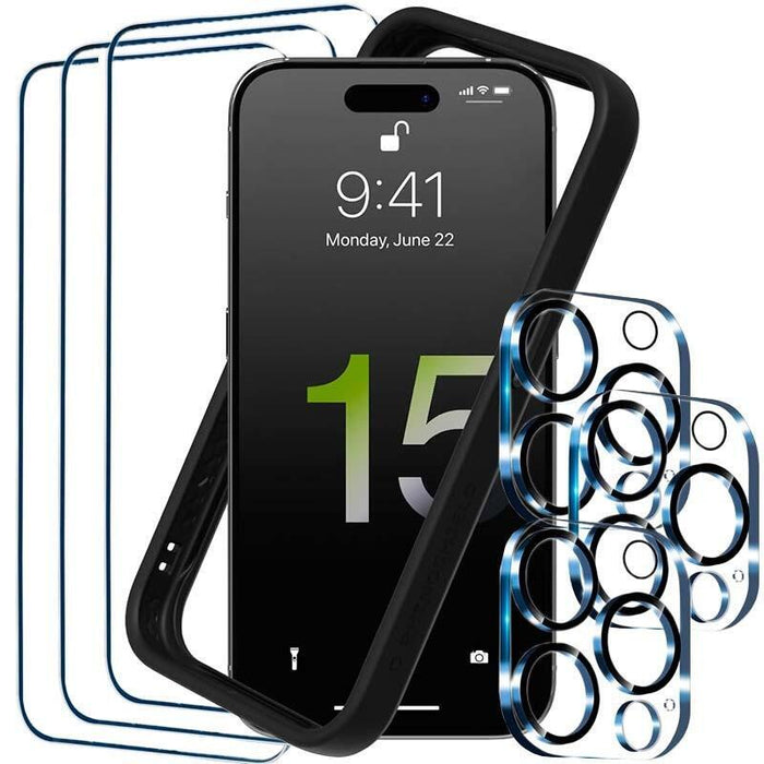 Pack De Accesorios Iphone 15 Pro Con 3 Protectores De Pantalla + 3 Protectores De Cámara + Funda Bumper
