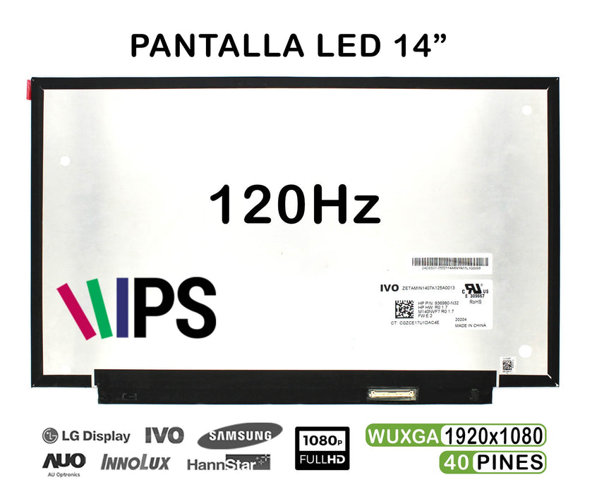 Pantalla Led De 14" Para Portátil M140Nvf7 R0 1.7 Ips 120Hz 40 Pines Fhd