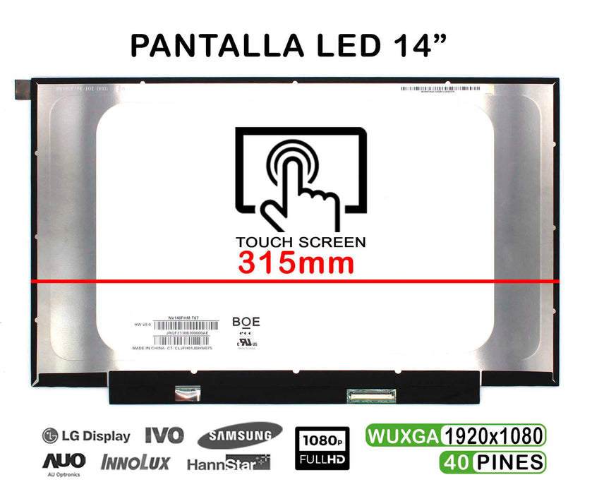 Pantalla Led Táctil De 14" Para Portátil Nv140Fhm-T07 Hw:V8.0 40 Pin Ips