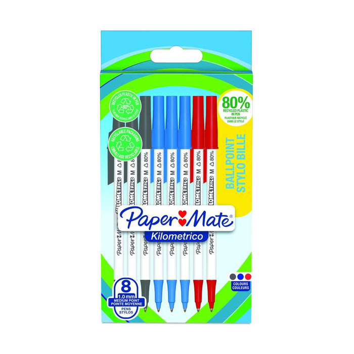 Paper Mate 2187680 Kilometrico Recycled Assorted Ball Pen Pack Of 8 Pens