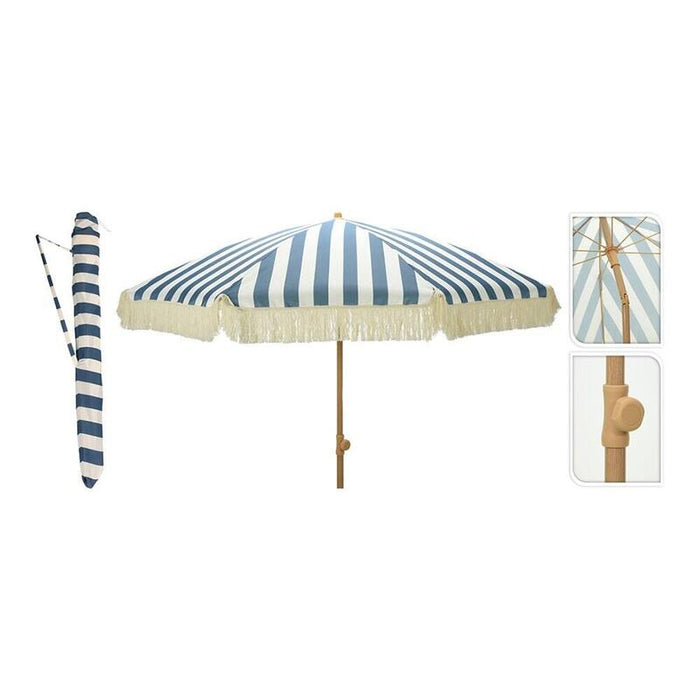 Parasol Para Jardín, Rayas Azul Con Flecos Beige, Ø183 X 200 Cm