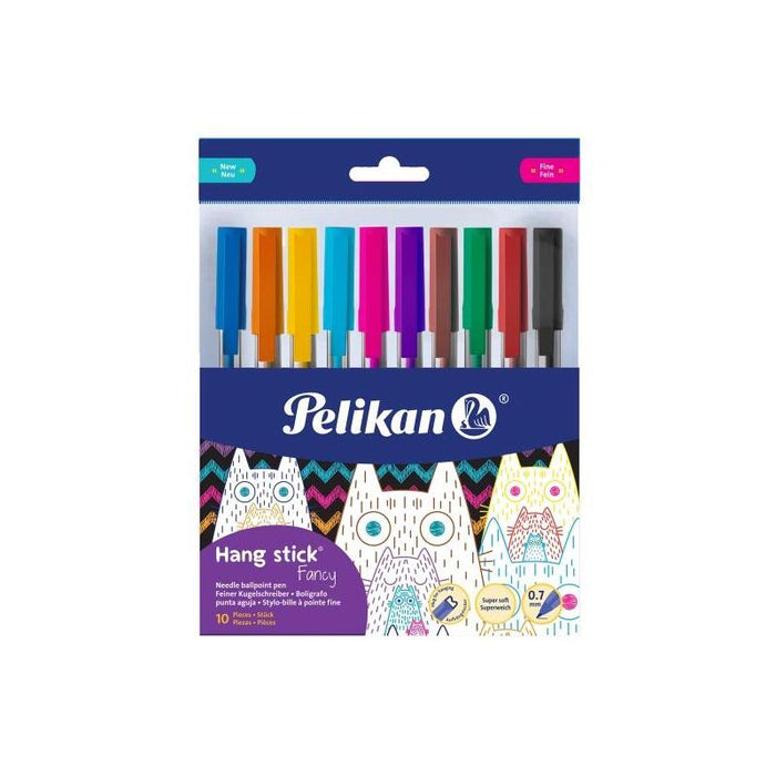 Pelikan Hang Stick Pack De 10 Boligrafos De Bola - Trazo De 0.7mm - Capuchon Antiasfixia - Cuerpo Triangular Ergonomico