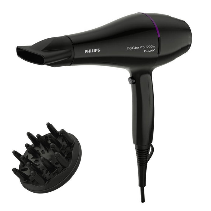 Philips Drycare Secador Pro Con Motor Ac De 2200w De Potencia De Secado, Corriente Alterna, 130 M/S, Negro, Monótono, Con Agujero En La Empuñadura Para Colgar, 2 M