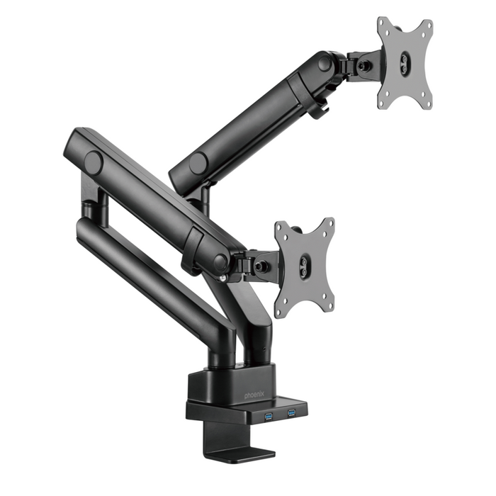 Phoenix Mstand2 Brazo Articulado Resorte De Gas Para Doble Monitor Hasta 27 Vesa 75 X 75 100 X 100 Incluye 2 Usb
