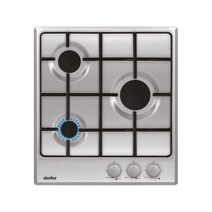 Placa De Cocción Simfer H4.300.Vgrim, Gas, Ancho 45 Cm, 3 Zonas De Cocción, Control Mecánico, Inox