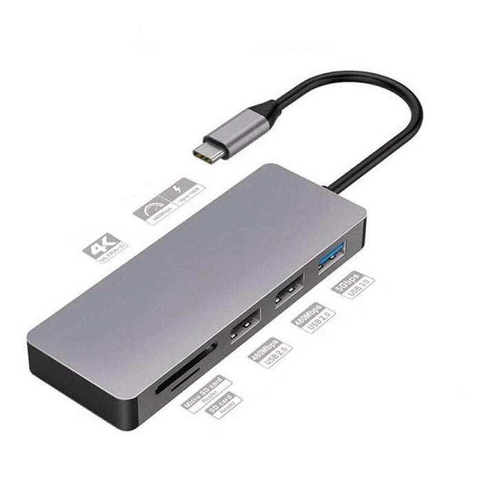 Platinet Adaptador 7-En-1 Usb Type-C A Usb/Hdmi/Microsd/Sd/Type-C Carga