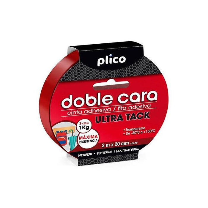 Plico Cinta Adhesiva Transparente Doble Cara Ultra Tack Multimateriales Rollo 20mm X 3m