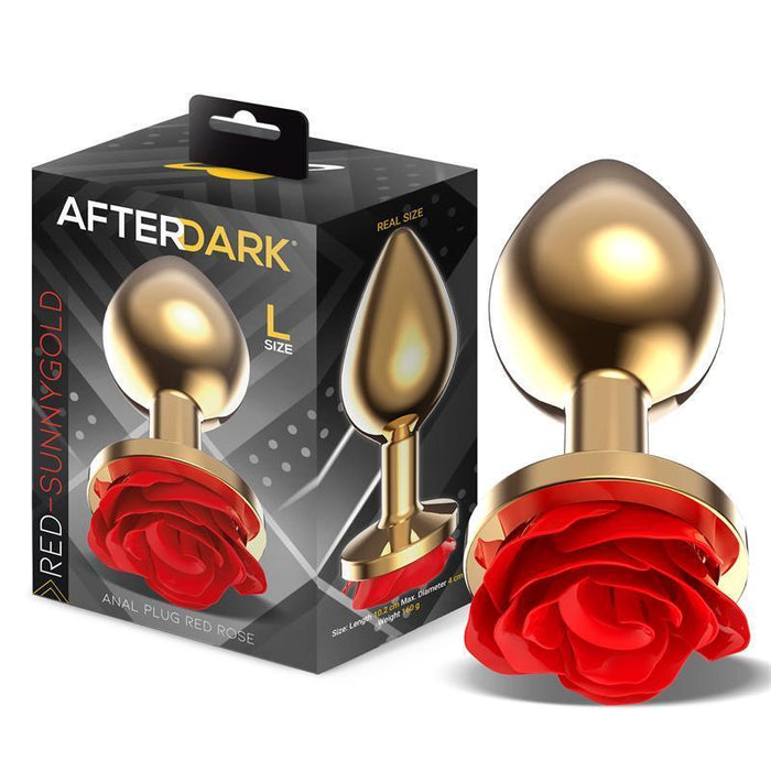 Plug Anal De Metal Dorado Con Rosa Roja En La Base Talla L