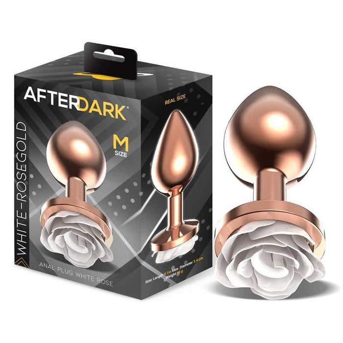 Plug Anal De Metal Oro Rosa Con Rosa Blanca En La Base Talla M