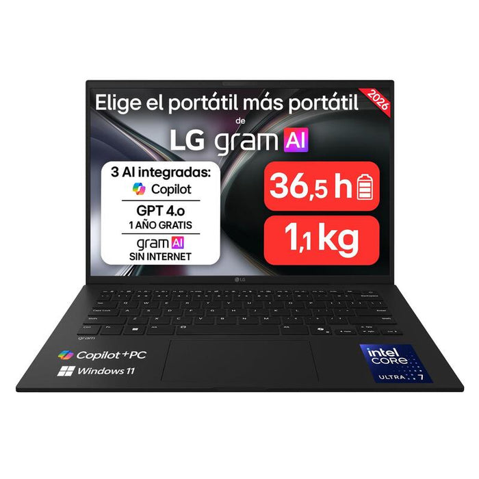 Portátil Lg Gram 14z90u-G.Au85bn  Ultraligero De 14" Intel Core Ultra 7 355, 32 Gb Ram, 512 Gb Ssd, Intel Graphics (4xe), Ips Antirreflejo, 1120g, 36.5 H, Windows 11, Teclado Es, Negro