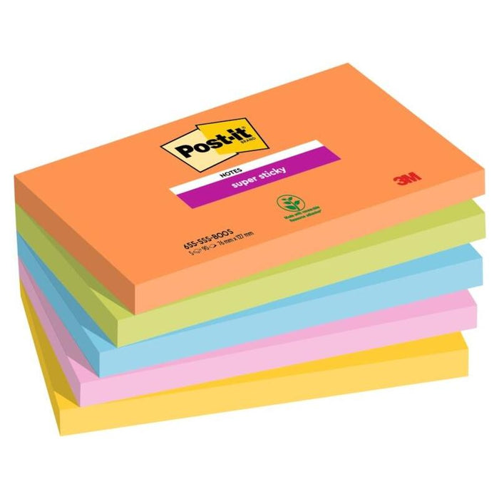 Post-It Super Sticky Pack De 5 Blocs De 90 Notas Adhesivas Reposicionables - Forma Rectangular - 127x76mm - Colores