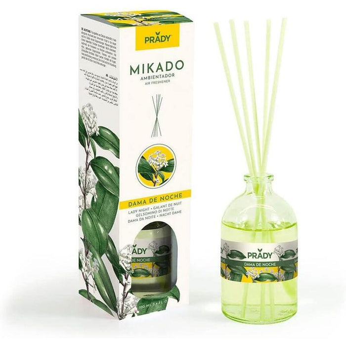 Prady Ambientador Mikado Dama De Noche - Frasco De Cristal 100ml Y Varitas Difusoras