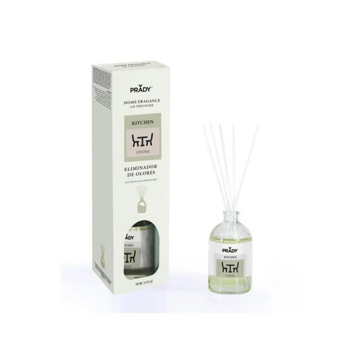 Prady Ambientador Mikado Neutralizador De Olores Para Cocina - Frasco De Cristal 100 Ml Y Varitas Difusoras