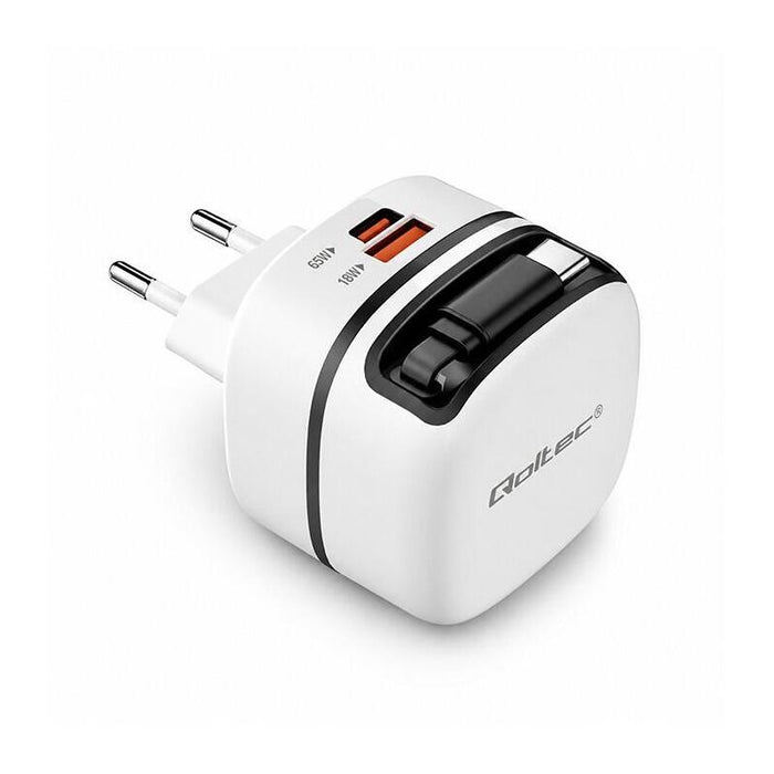 Qoltec 65w Gan Super Fast Mains Charger Usb-C Pd Pps 5-20v 3-3.25a Laptop Macbook Smartphone + Retractable Cable