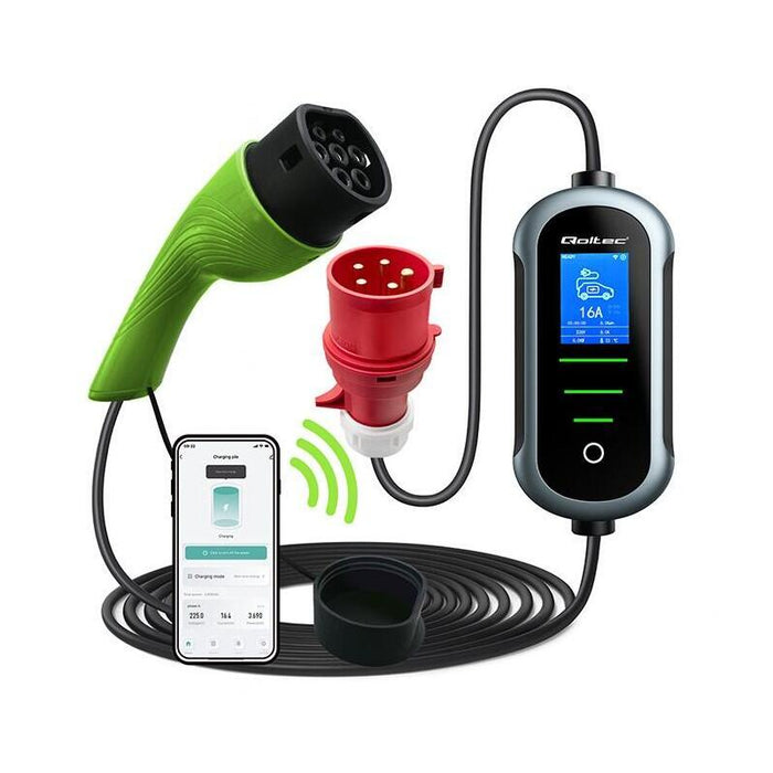 Qoltec Mobile Ev Electric Car Charger 2in1 Type2 | 11kw | 400v | Wi-Fi | Tuya | Smart Life | Lcd | Portable | Wallbox | 5m