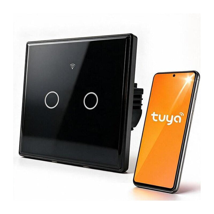 Qoltec Smart Touch 2-Gang Light Switch Wi-Fi Timer Tuya Smart Life Tempered Glass Black