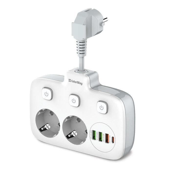 Regleta Colorway Cw-Che24pdw Toma De Corriente: 2 Enchufes Eu 3 Usb-A 1 Usb-C Blanco 2.5m