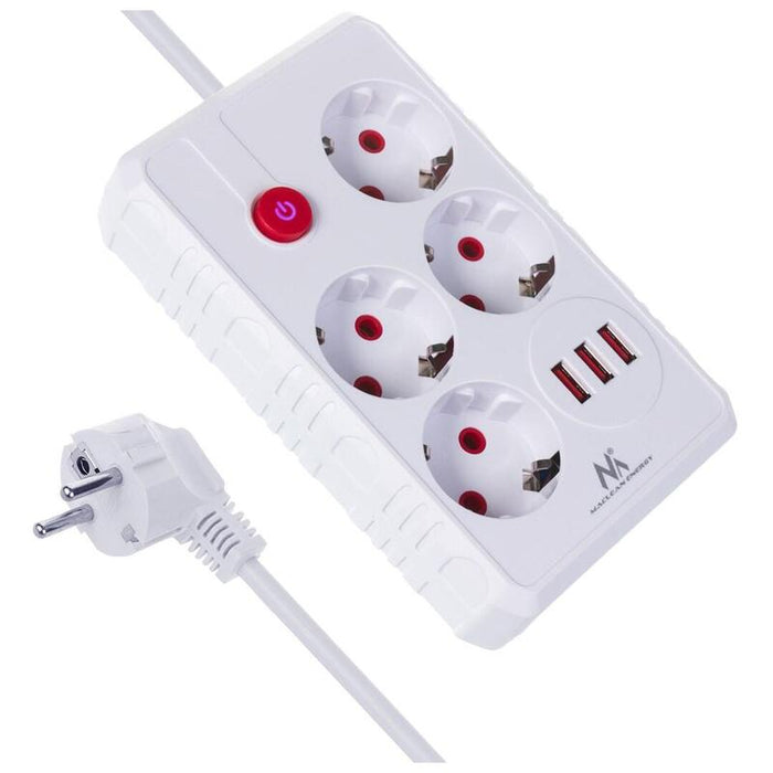 Regleta De Enchufes Maclean, Cable Alargador De 4 Tomas + 3xusb, 110-240 V Ca 50/60 Hz, 2,1 A Máx. 2500 W, 3 M, Blanco, Mce393 W