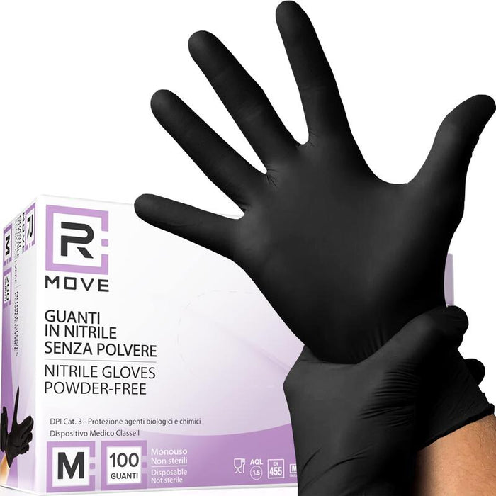 Rmove 1conf. Da 100pz Tg.M - Guanti Nitrile Nero Uso Medico Senza Polvere
