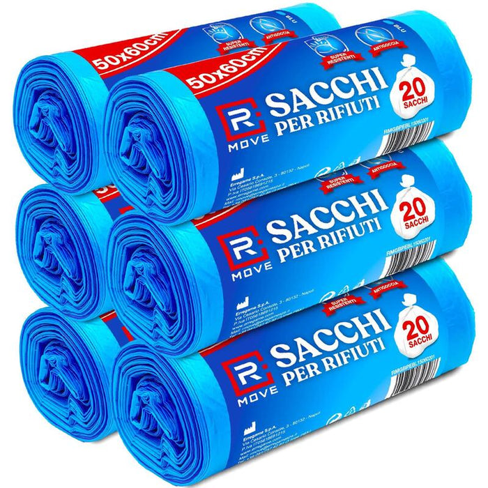 Rmove Sacchi Rifiuti 50x60 Cm 6 Rotoli Da 20 Sacchi Blu
