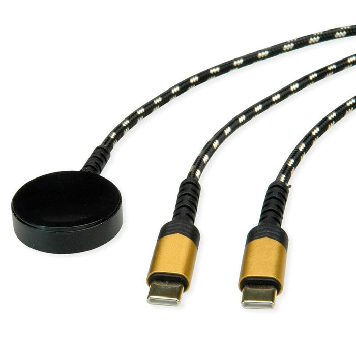 Roline Usb Split-Cable De Carga, Hasta 60w + Base De Carga (Hasta 15w), Fr Apple-Gerte, Tipo C - C, Negro Dorado, 1,2 M