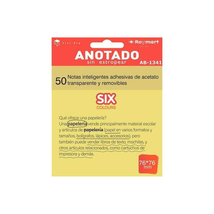Roymart Bloc Notas Adhesivas Inteligentes Removibles Transparentes 50h 76x76mm Acetato Amarillo Flúor