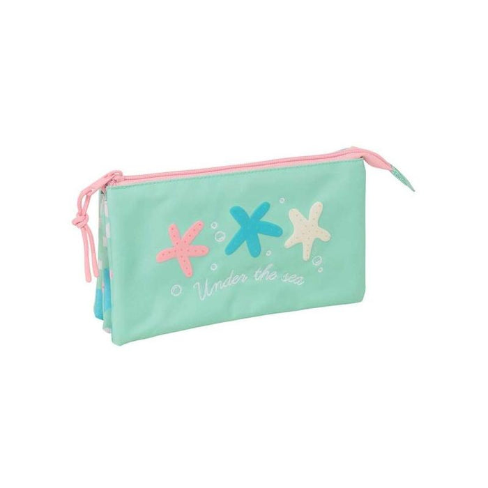 Safta Estrellas Portatodo - 3 Compartimentos Con Cremallera - Bolsillo Interior Central - 22x12x3cm - Verde